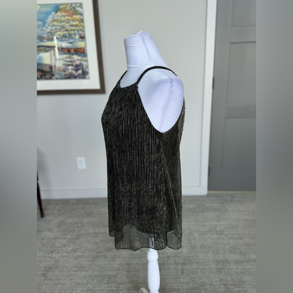 Metallic Black Gold Pleated Halter Top Sheer Overlay Date Night Party XS - Picture 7 of 12